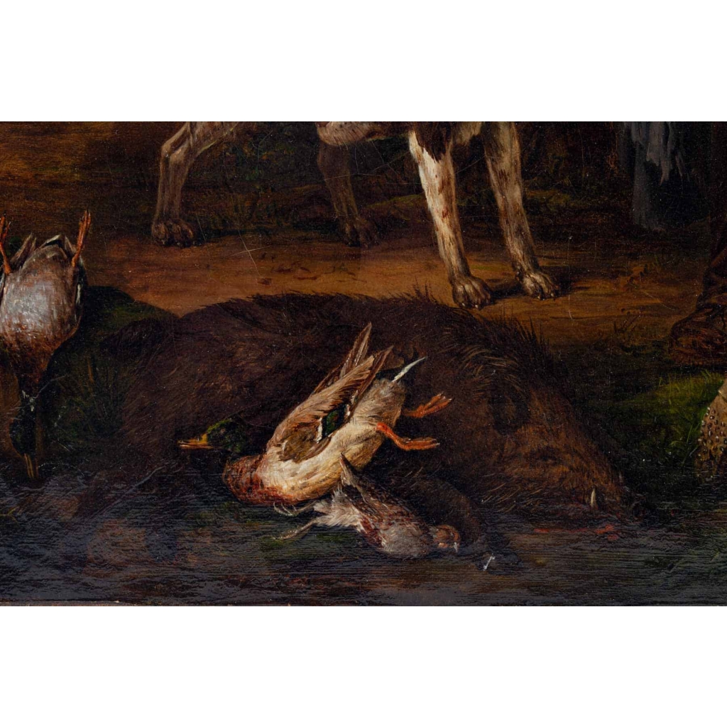 Tableau la partie de dés des chasseurs signée Jean MIEG 1842