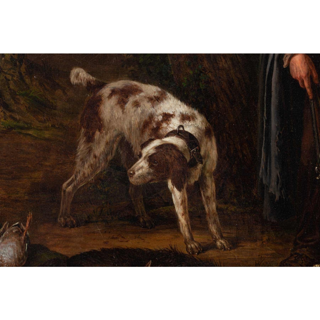 Tableau la partie de dés des chasseurs signée Jean MIEG 1842