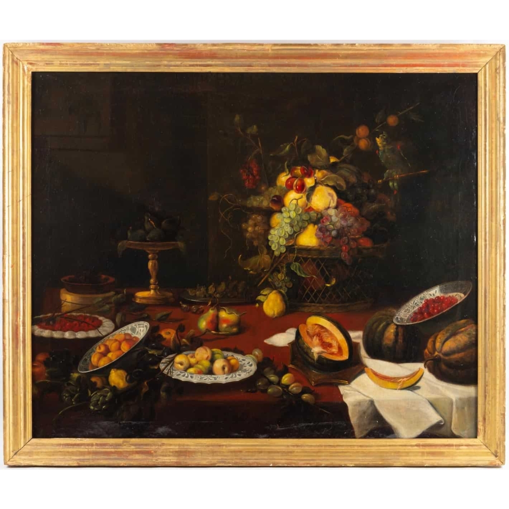 Nature morte aux cerises et melons, XVIII ème siècle. Suiveur de SNYDER