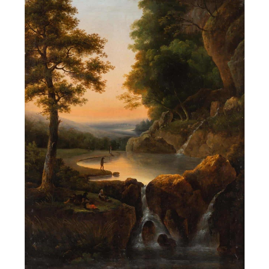 Huile sur toile Personnage près des cascades XVIIIe siècle