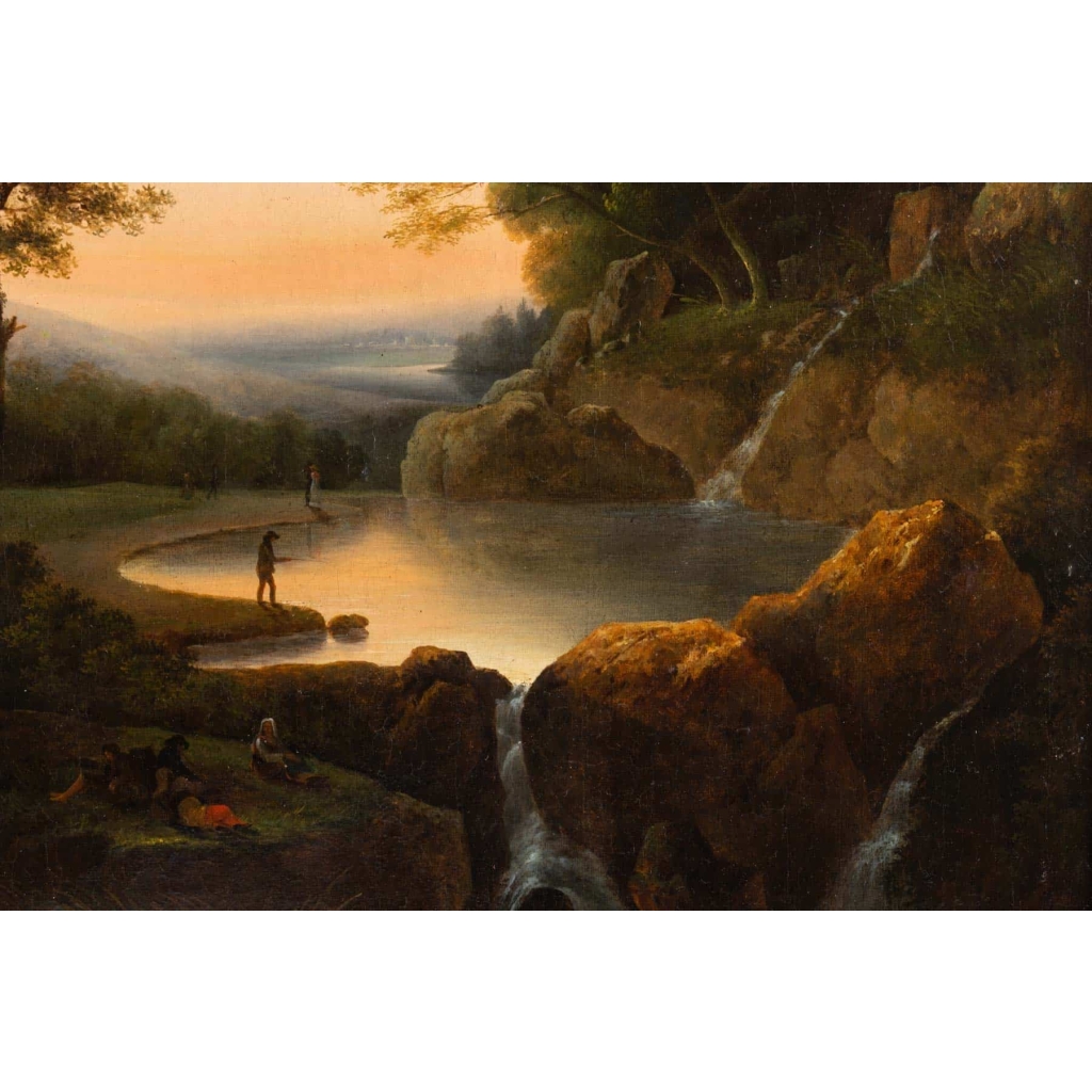 Huile sur toile Personnage près des cascades XVIIIe siècle