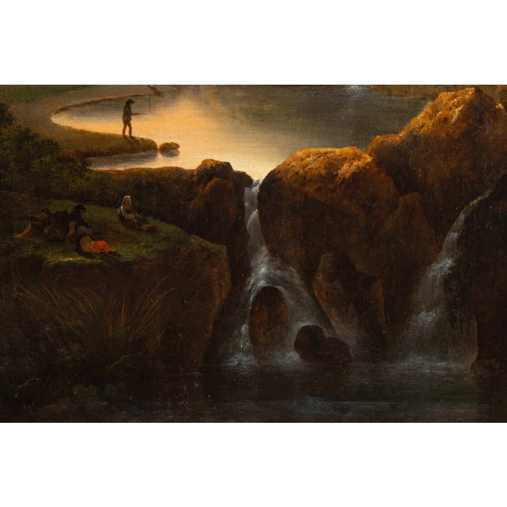 Huile sur toile Personnage près des cascades XVIIIe siècle
