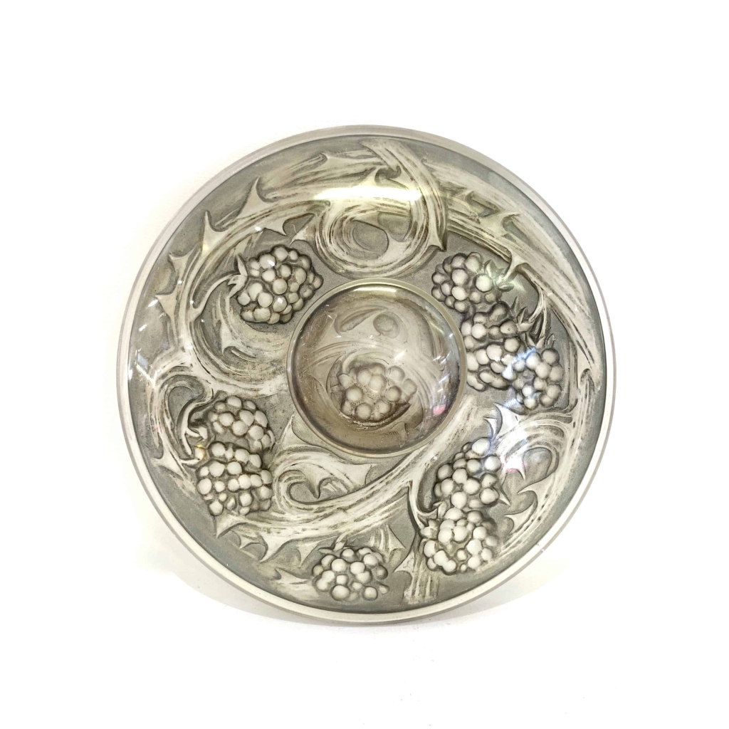 Encrier "Mûres" verre blanc patiné gris de René LALIQUE