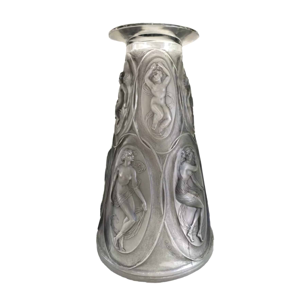 Vase « Camées » verre blanc patiné gris de René LALIQUE | Biron Vase "Camées" verre blanc patiné gris de René LALIQUE