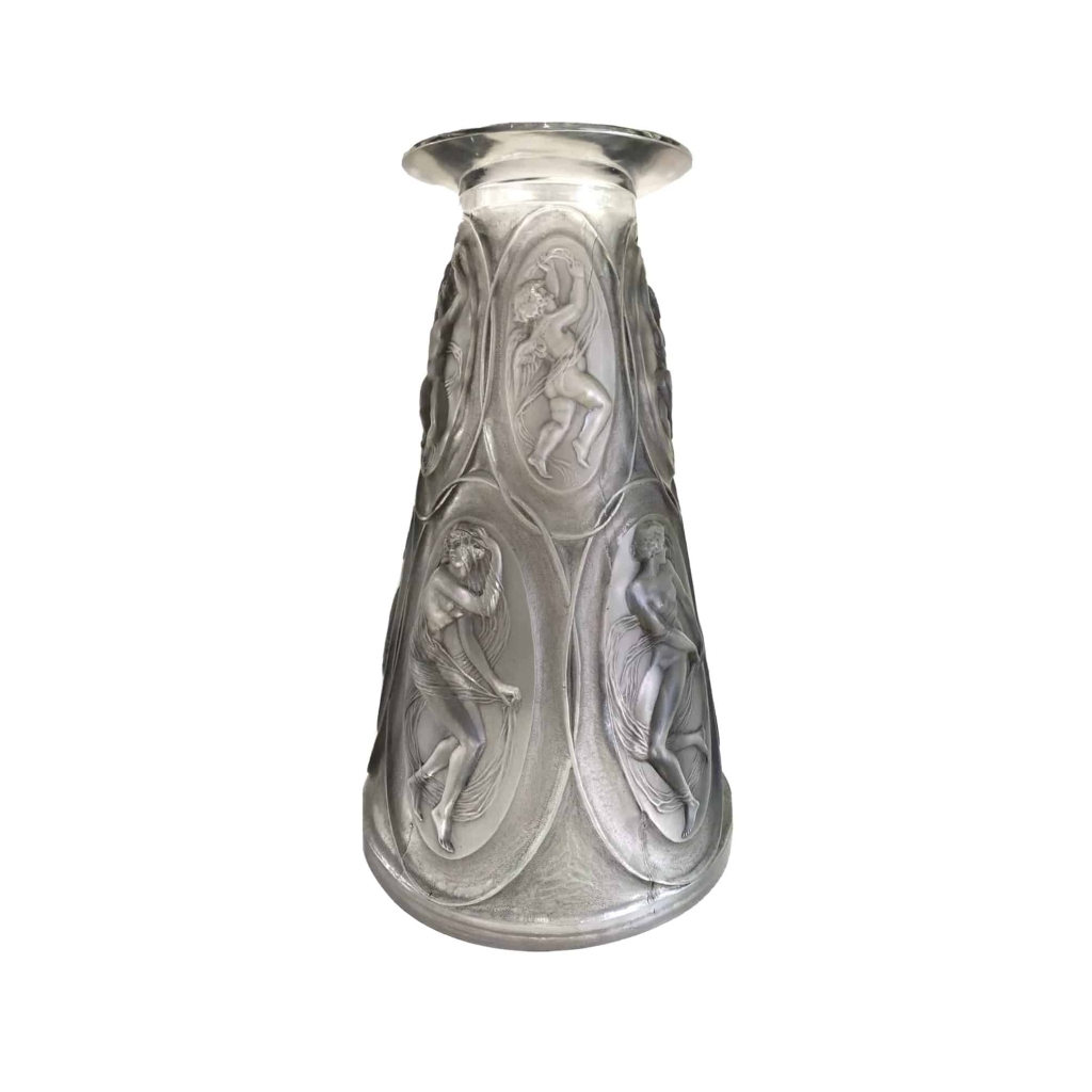 Vase « Camées » verre blanc patiné gris de René LALIQUE | Biron Vase "Camées" verre blanc patiné gris de René LALIQUE