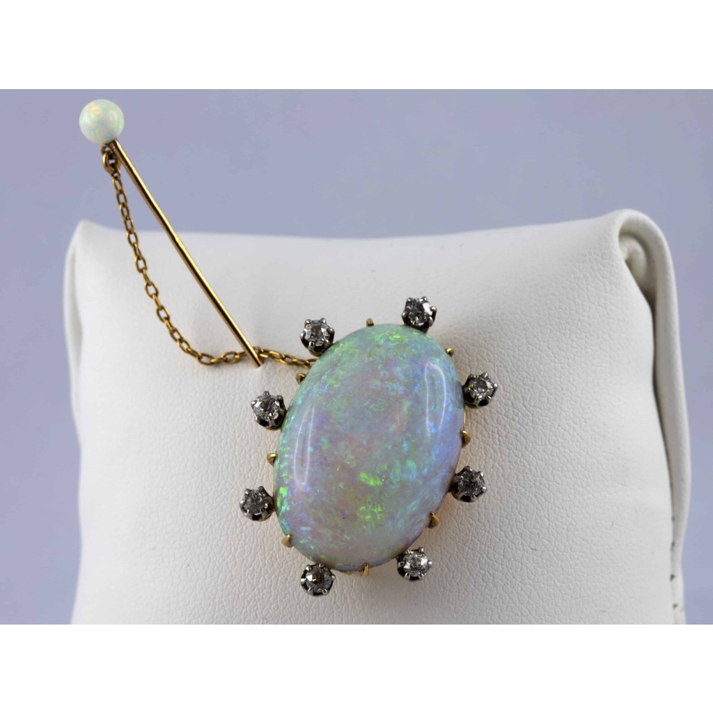 Broche Opale serti de diamants sur or 18k Epingle de sécurité en or serti d’une boule d’opale | Biron |