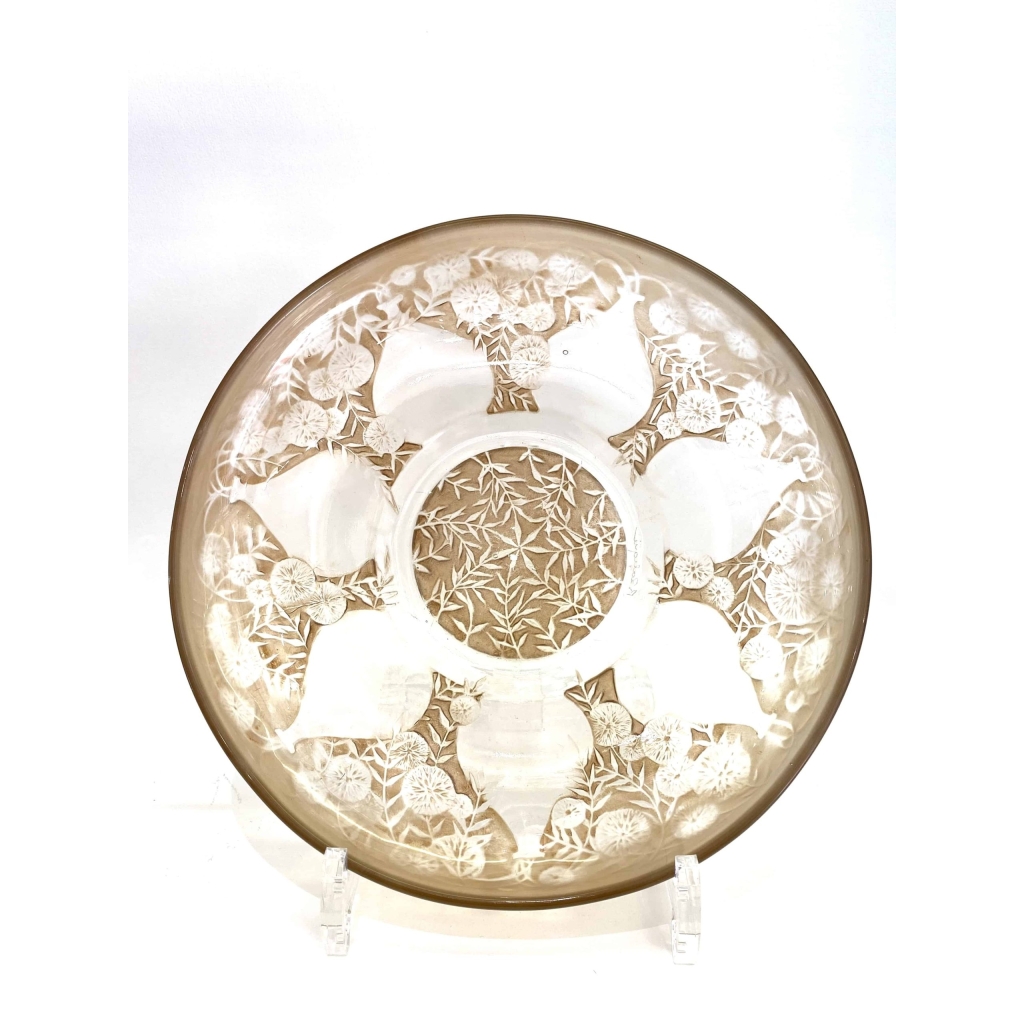 Suite de Cinq 5 Assiettes "Vases" verre blanc patiné sépia de René LALIQUE