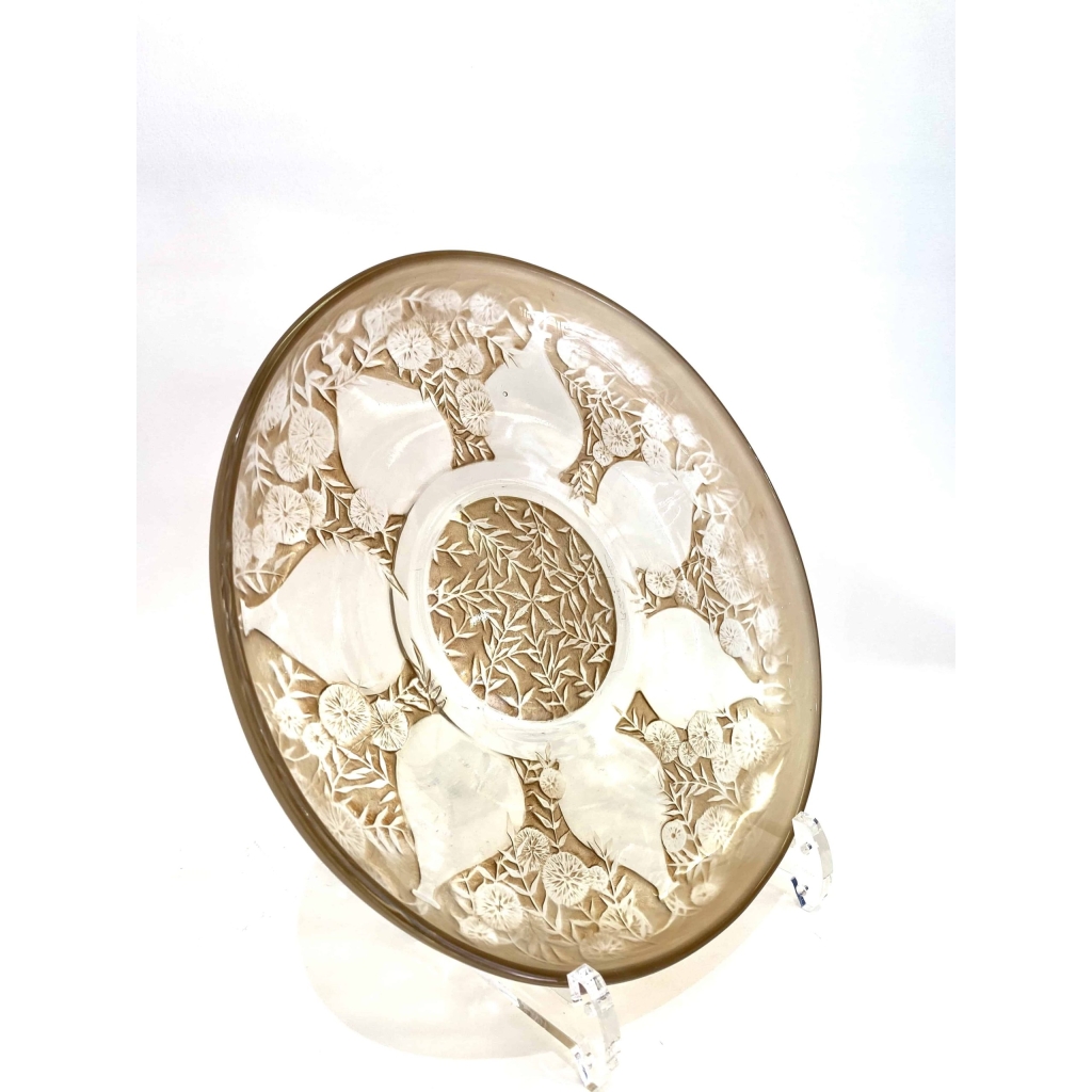 Suite de Cinq 5 Assiettes "Vases" verre blanc patiné sépia de René LALIQUE