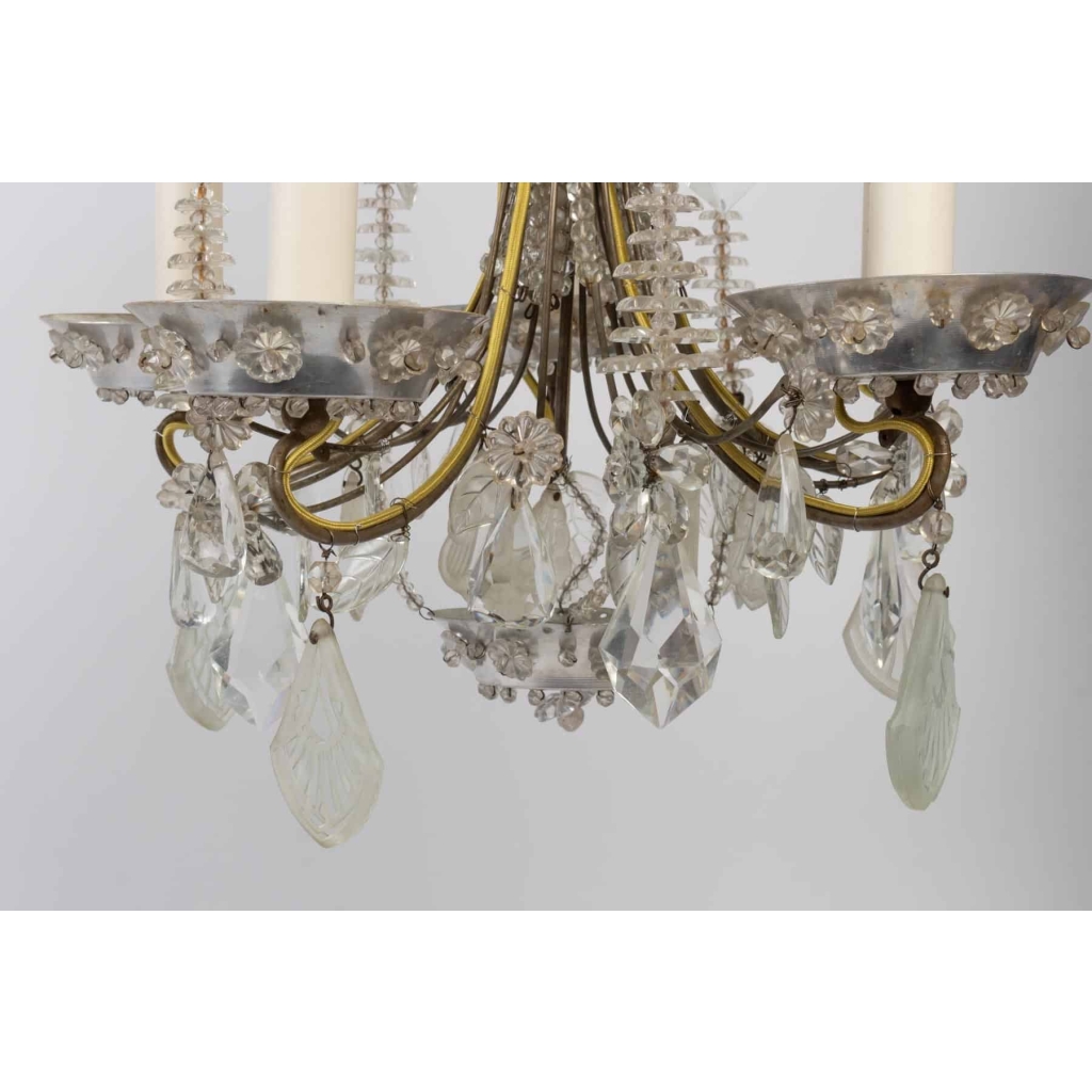 Lustre Bagues 1900 en cristal et cristal de roche à 5 lumières | Biron Lustre Bagues 1900 en cristal et cristal de roche à 5 lumières