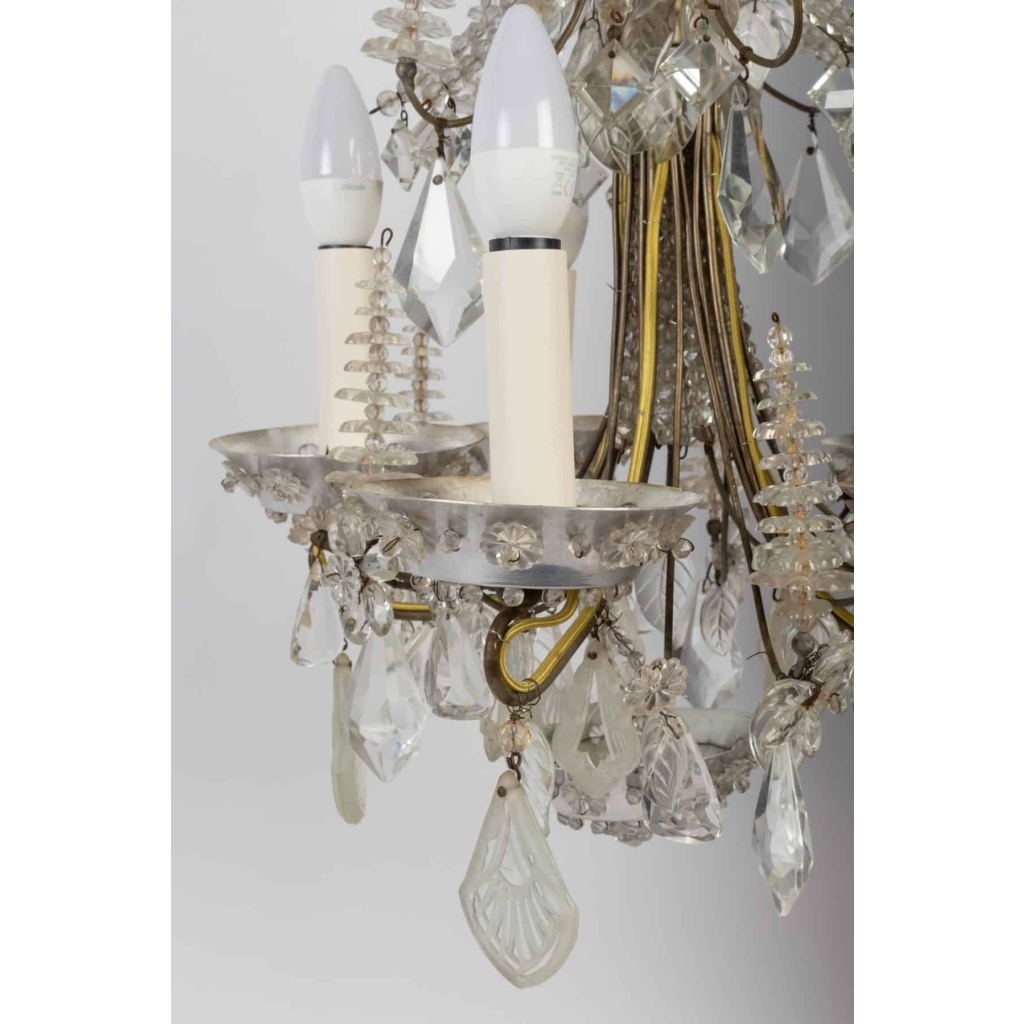 Lustre Bagues 1900 en cristal et cristal de roche à 5 lumières | Biron Lustre Bagues 1900 en cristal et cristal de roche à 5 lumières