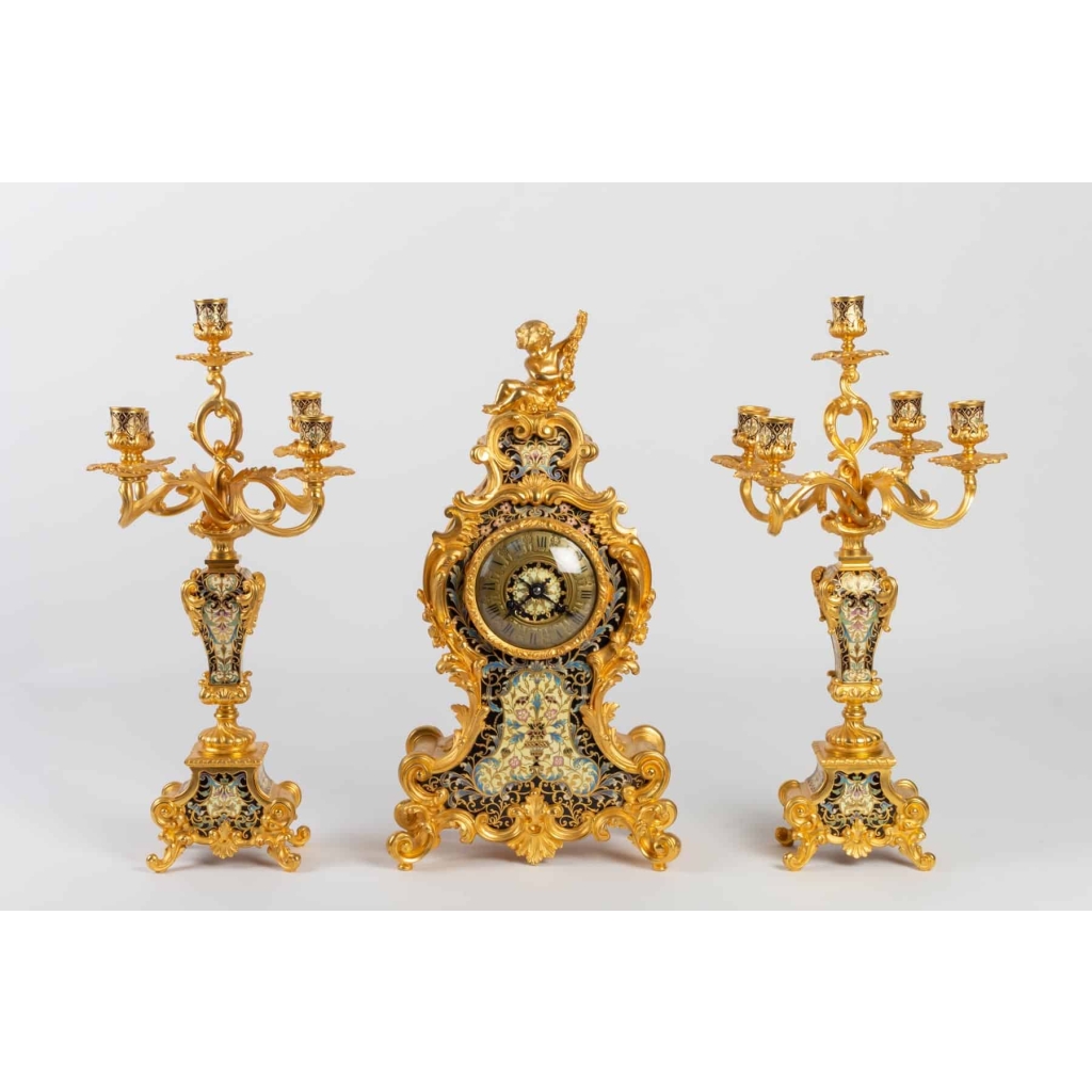 Garniture de cheminée XIX en bronze doré et émaillé cloisonnés Napoléon III | Biron ||||||||||||