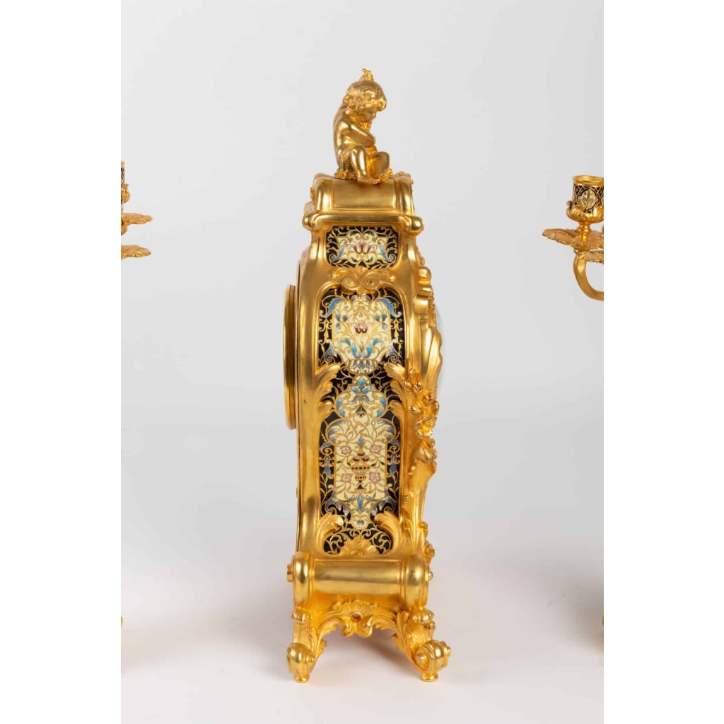Garniture de cheminée XIX en bronze doré et émaillé cloisonnés Napoléon III | Biron Garniture de cheminée XIX en bronze doré et émaillé cloisonnés Napoléon III
