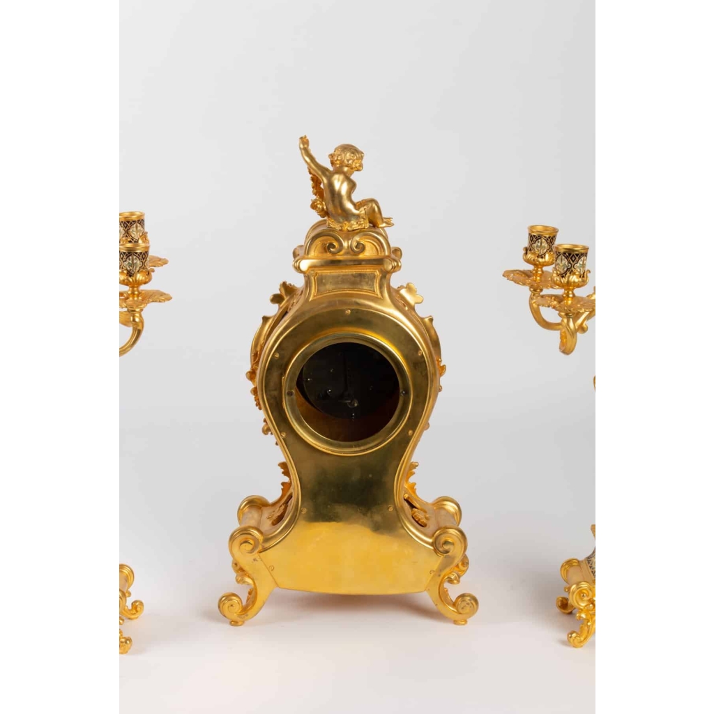 Garniture de cheminée XIX en bronze doré et émaillé cloisonnés Napoléon III | Biron Garniture de cheminée XIX en bronze doré et émaillé cloisonnés Napoléon III
