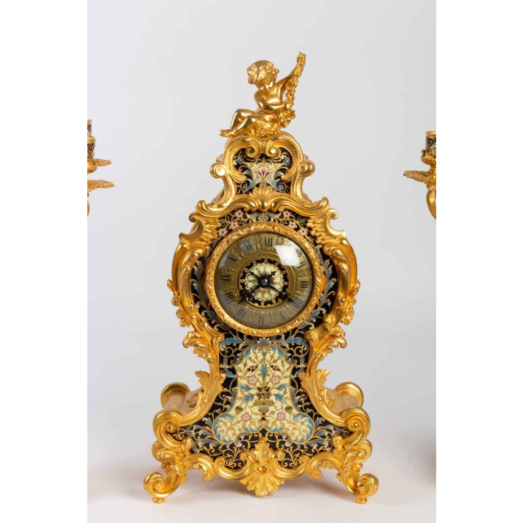 Garniture de cheminée XIX en bronze doré et émaillé cloisonnés Napoléon III | Biron Garniture de cheminée XIX en bronze doré et émaillé cloisonnés Napoléon III