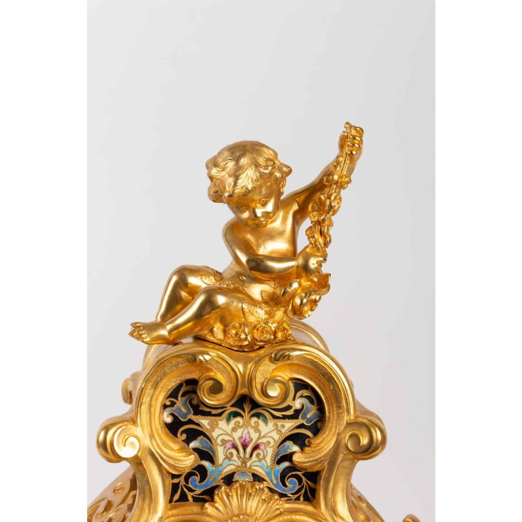 Garniture de cheminée XIX en bronze doré et émaillé cloisonnés Napoléon III | Biron Garniture de cheminée XIX en bronze doré et émaillé cloisonnés Napoléon III