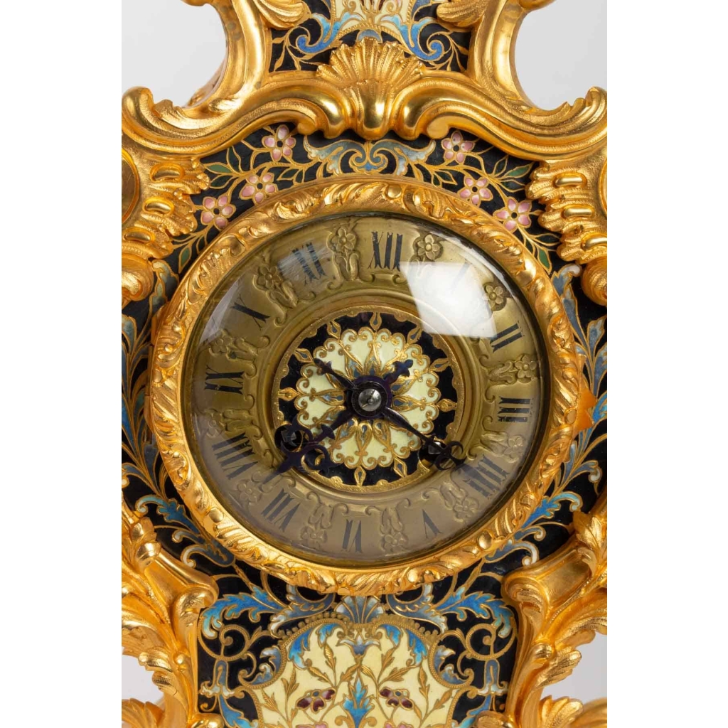 Garniture de cheminée XIX en bronze doré et émaillé cloisonnés Napoléon III | Biron Garniture de cheminée XIX en bronze doré et émaillé cloisonnés Napoléon III