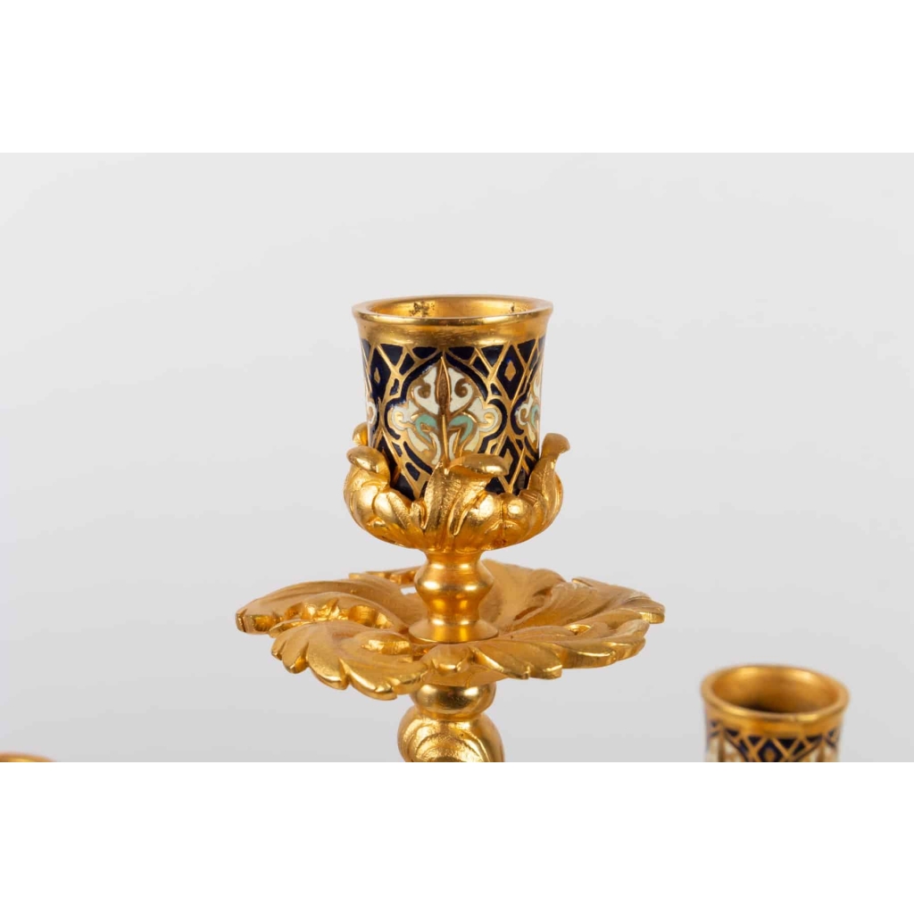 Garniture de cheminée XIX en bronze doré et émaillé cloisonnés Napoléon III | Biron Garniture de cheminée XIX en bronze doré et émaillé cloisonnés Napoléon III