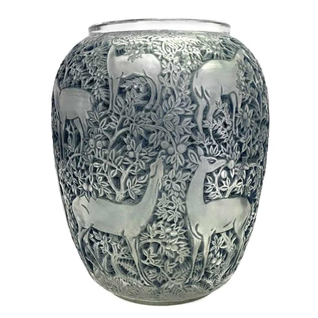 Vase « Biches » verre blanc patiné bleu de René LALIQUE | Biron ||||