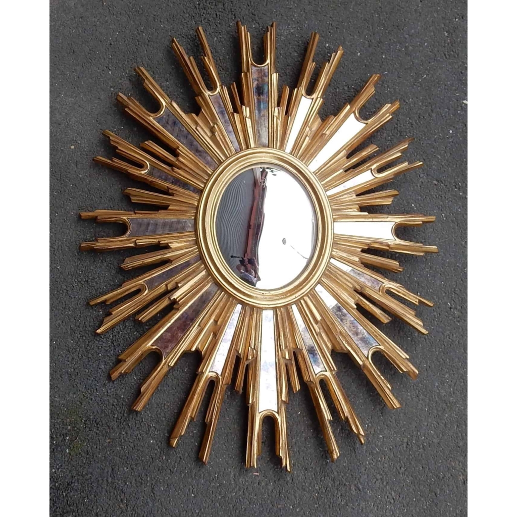 1970′ Miroir Soleil Ovale Convexe, Résine Dorée 85 x 67 cm | Biron |||||