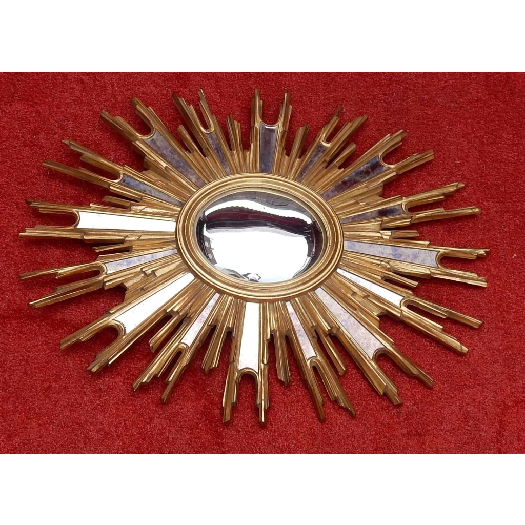 1970′ Miroir Soleil Ovale Convexe, Résine Dorée 85 x 67 cm | Biron 1970' Miroir Soleil Ovale Convexe, Résine Dorée 85 x 67 cm
