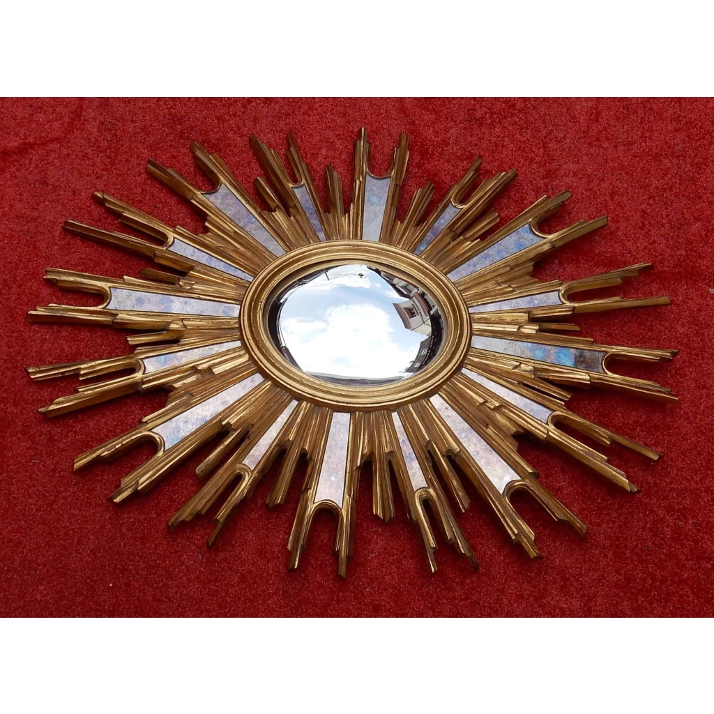 1970′ Miroir Soleil Ovale Convexe, Résine Dorée 85 x 67 cm | Biron 1970' Miroir Soleil Ovale Convexe, Résine Dorée 85 x 67 cm