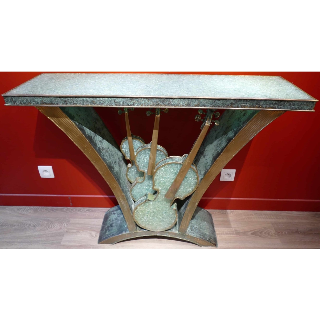 CONSOLE aux trois violons laiton et verre pilé | Biron CONSOLE aux trois violons laiton et verre pilé