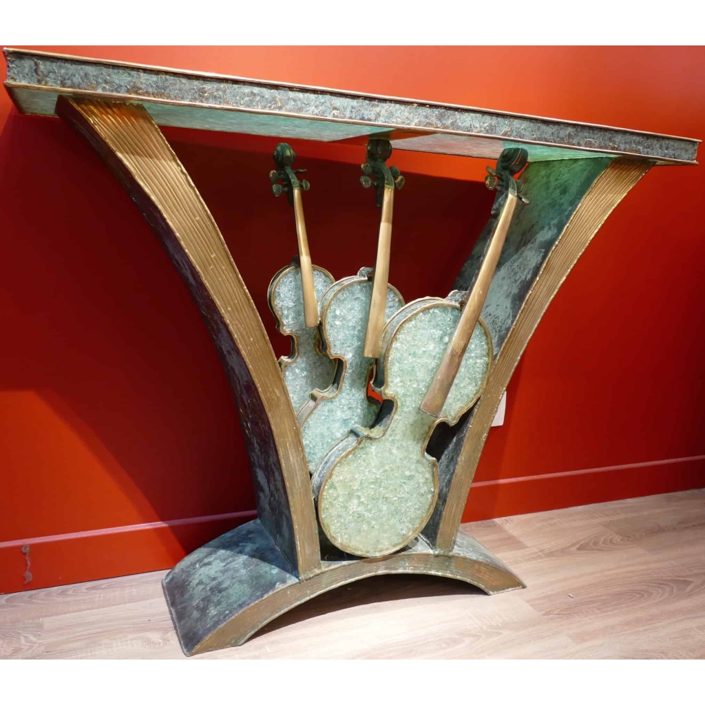 CONSOLE aux trois violons laiton et verre pilé | Biron CONSOLE aux trois violons laiton et verre pilé