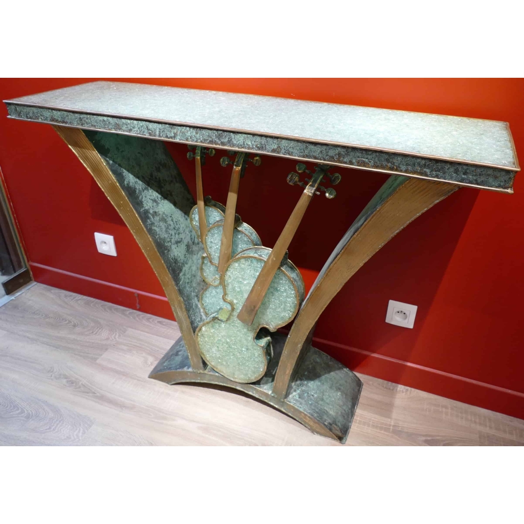 CONSOLE aux trois violons laiton et verre pilé | Biron CONSOLE aux trois violons laiton et verre pilé