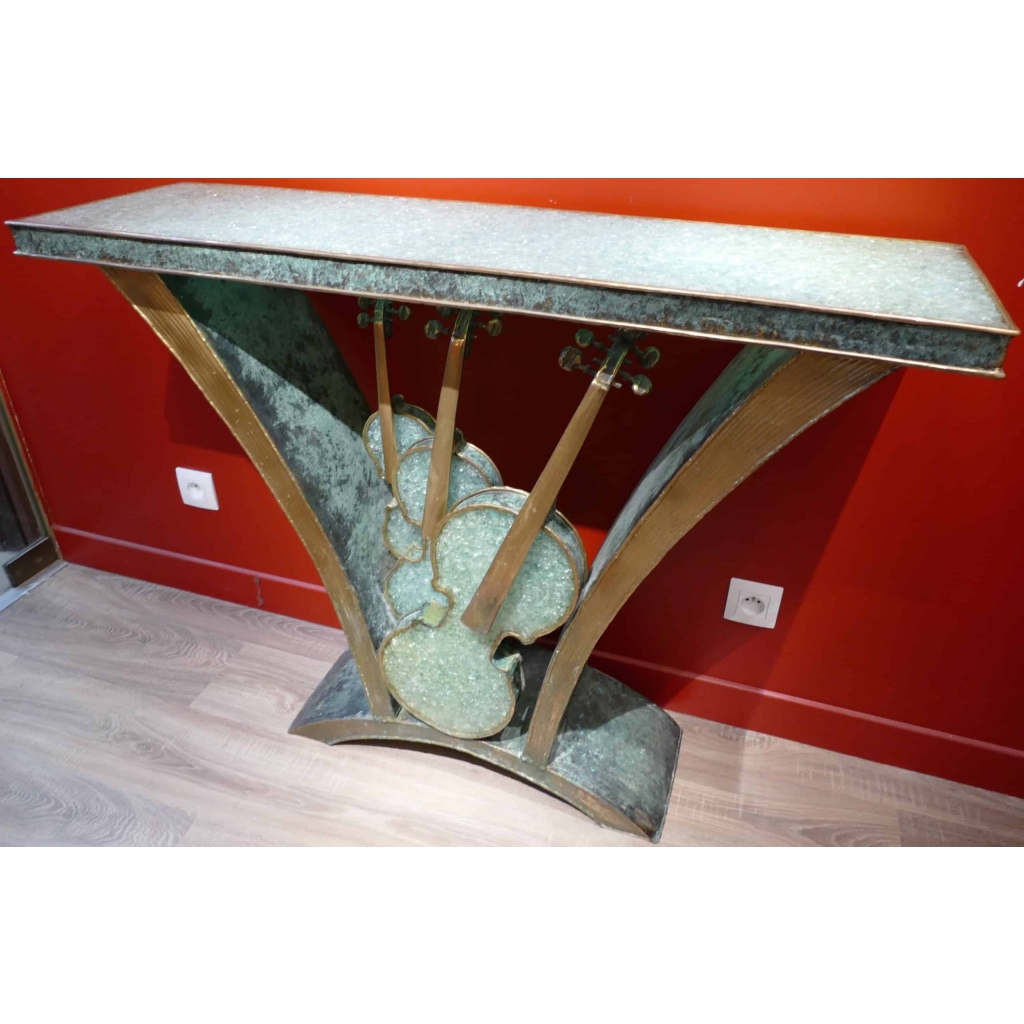 CONSOLE aux trois violons laiton et verre pilé | Biron CONSOLE aux trois violons laiton et verre pilé