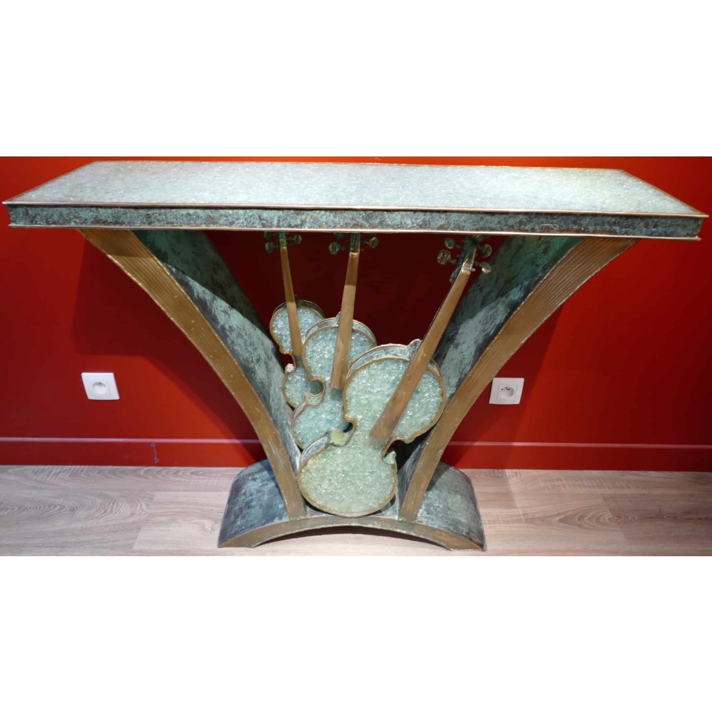 CONSOLE aux trois violons laiton et verre pilé | Biron CONSOLE aux trois violons laiton et verre pilé