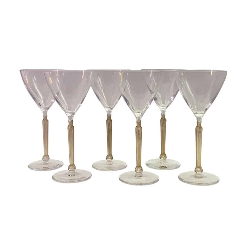 Suite de Six 6 Verres « Clos Sainte-Odile » cristal blanc patiné sépia de René LALIQUE | Biron |||||||