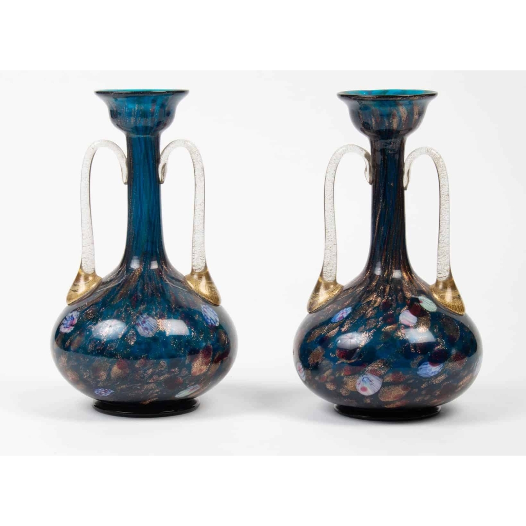 1 paire de vases Venise (Murano) à millefiori et adventurine (Salviati) 1870