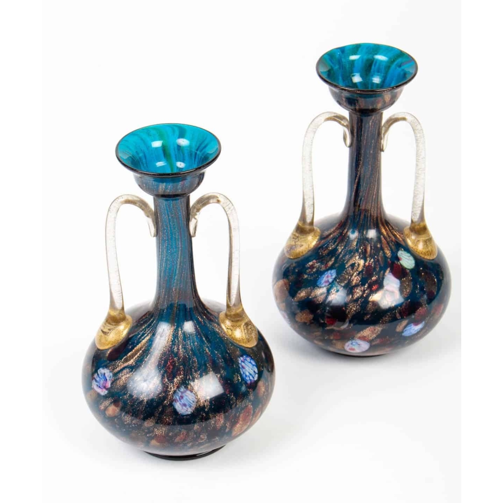 1 paire de vases Venise (Murano) à millefiori et adventurine (Salviati) 1870