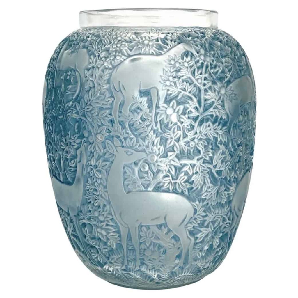 Vase « Biches » verre blanc patiné bleu de René LALIQUE 2
