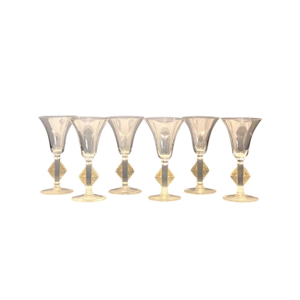Suite de Six 6 Verres « Savergne » verre blanc patiné sépia de René LALIQUE | Biron |||||