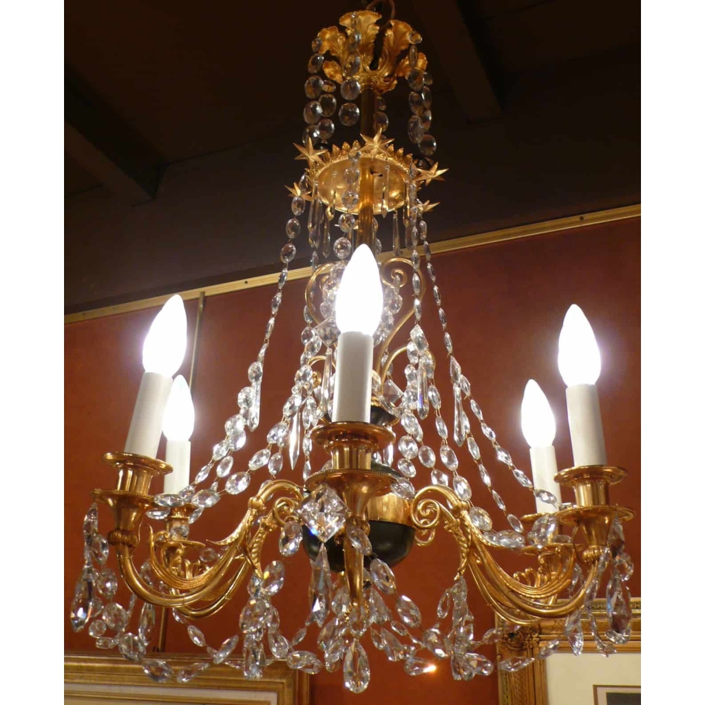 Lustre En Bronze Doré Et Bronze Patiné à Six Bras De Lumière | Biron ||||||