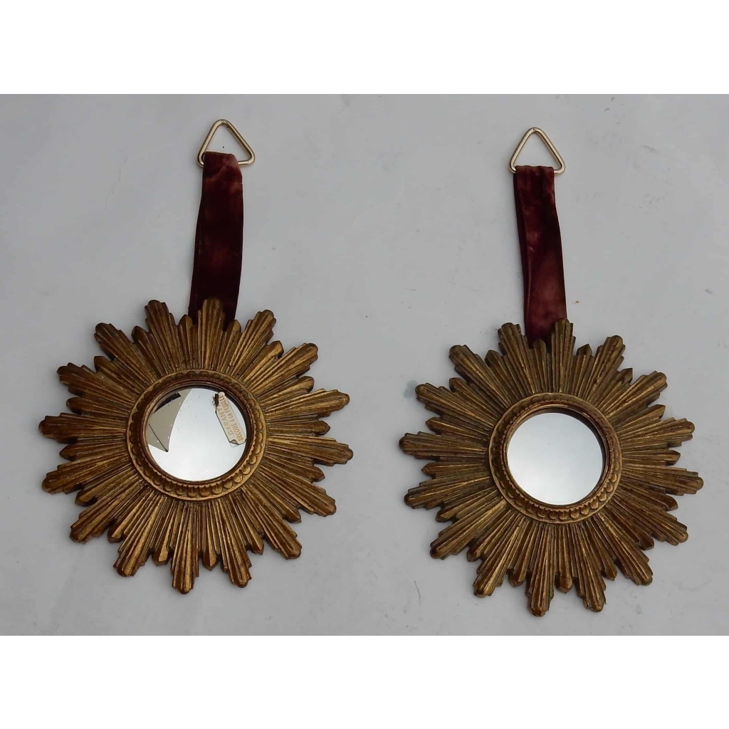 1970′ Paire De Miroirs Convexes Soleils En Résine Dorée | Biron ||||