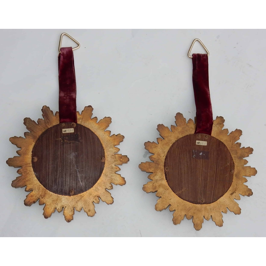 1970′ Paire De Miroirs Convexes Soleils En Résine Dorée | Biron 1970′ Paire De Miroirs Convexes Soleils En Résine Dorée