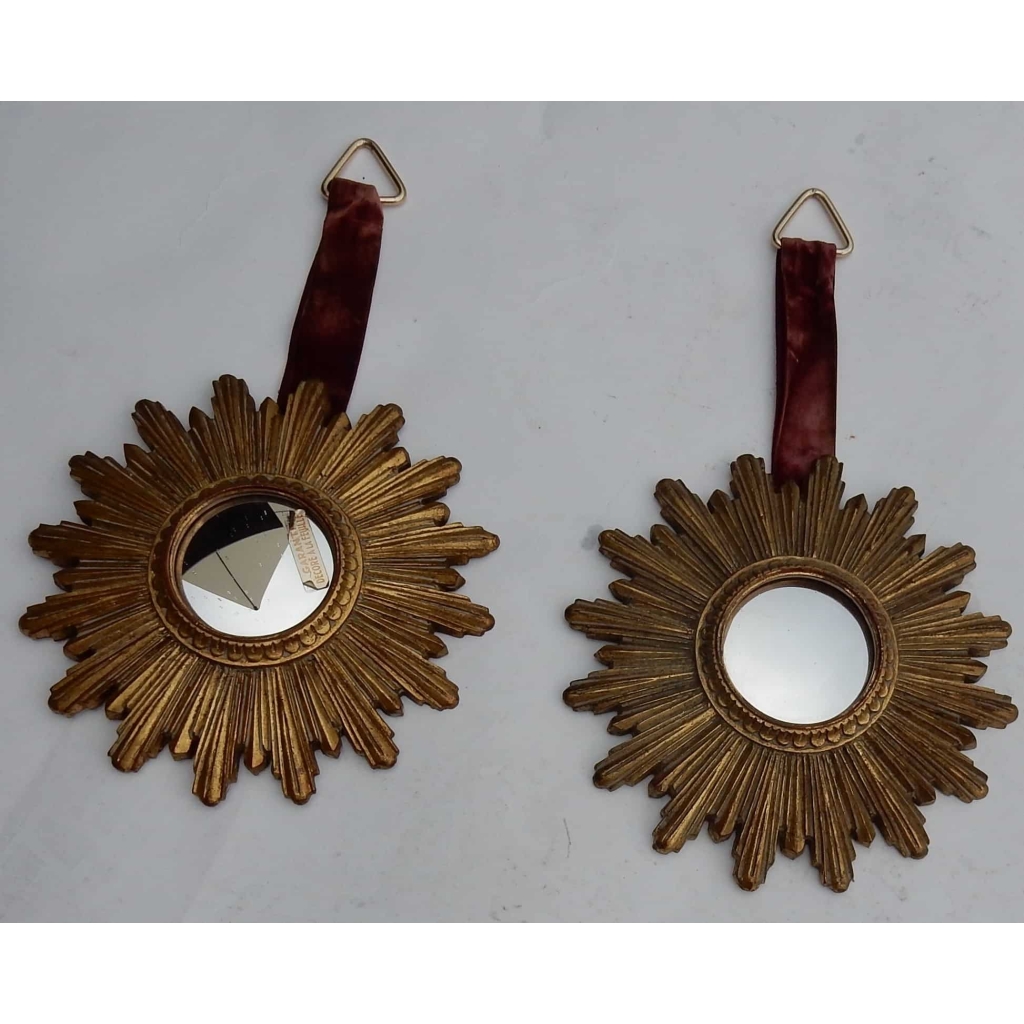 1970′ Paire De Miroirs Convexes Soleils En Résine Dorée | Biron 1970′ Paire De Miroirs Convexes Soleils En Résine Dorée