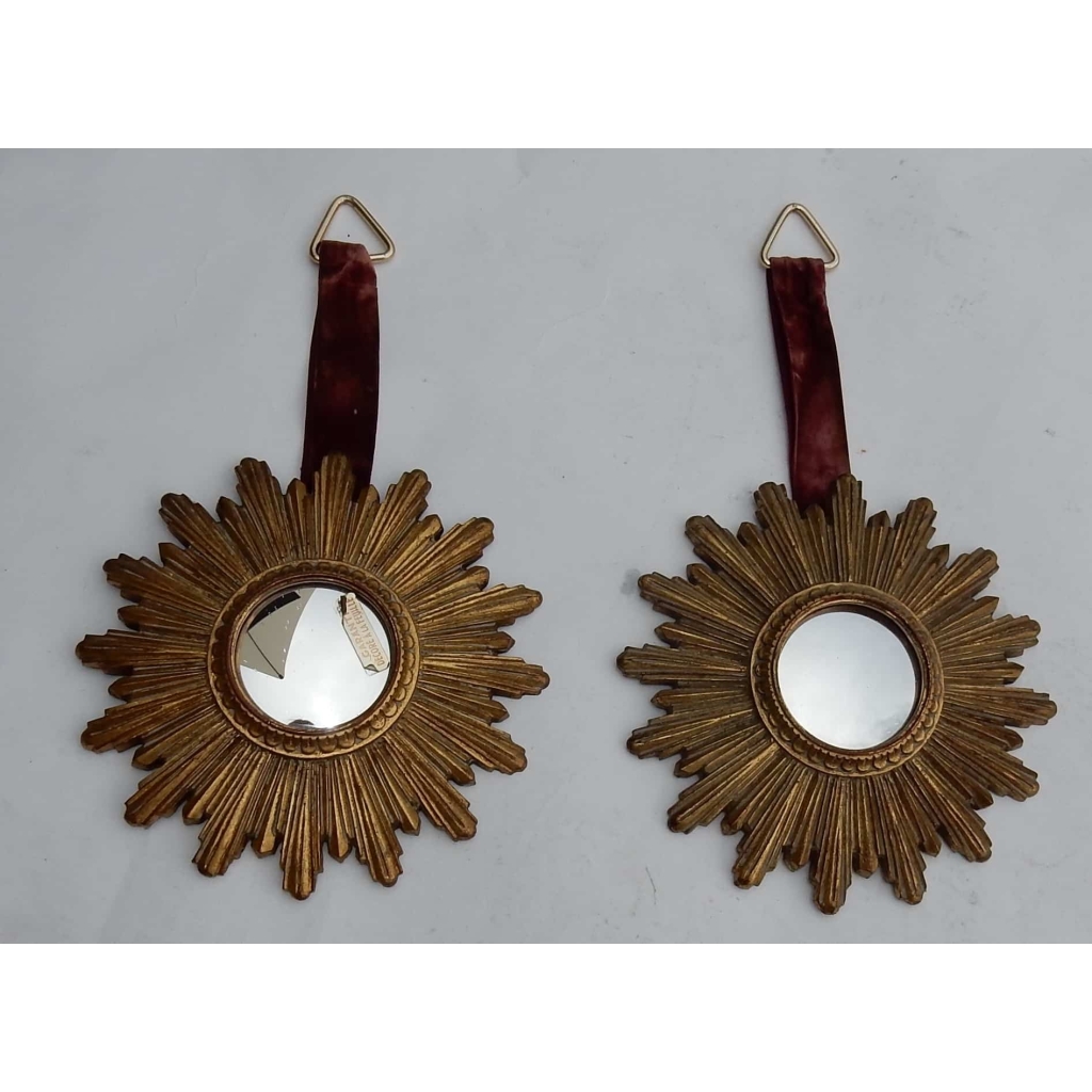 1970′ Paire De Miroirs Convexes Soleils En Résine Dorée | Biron 1970′ Paire De Miroirs Convexes Soleils En Résine Dorée