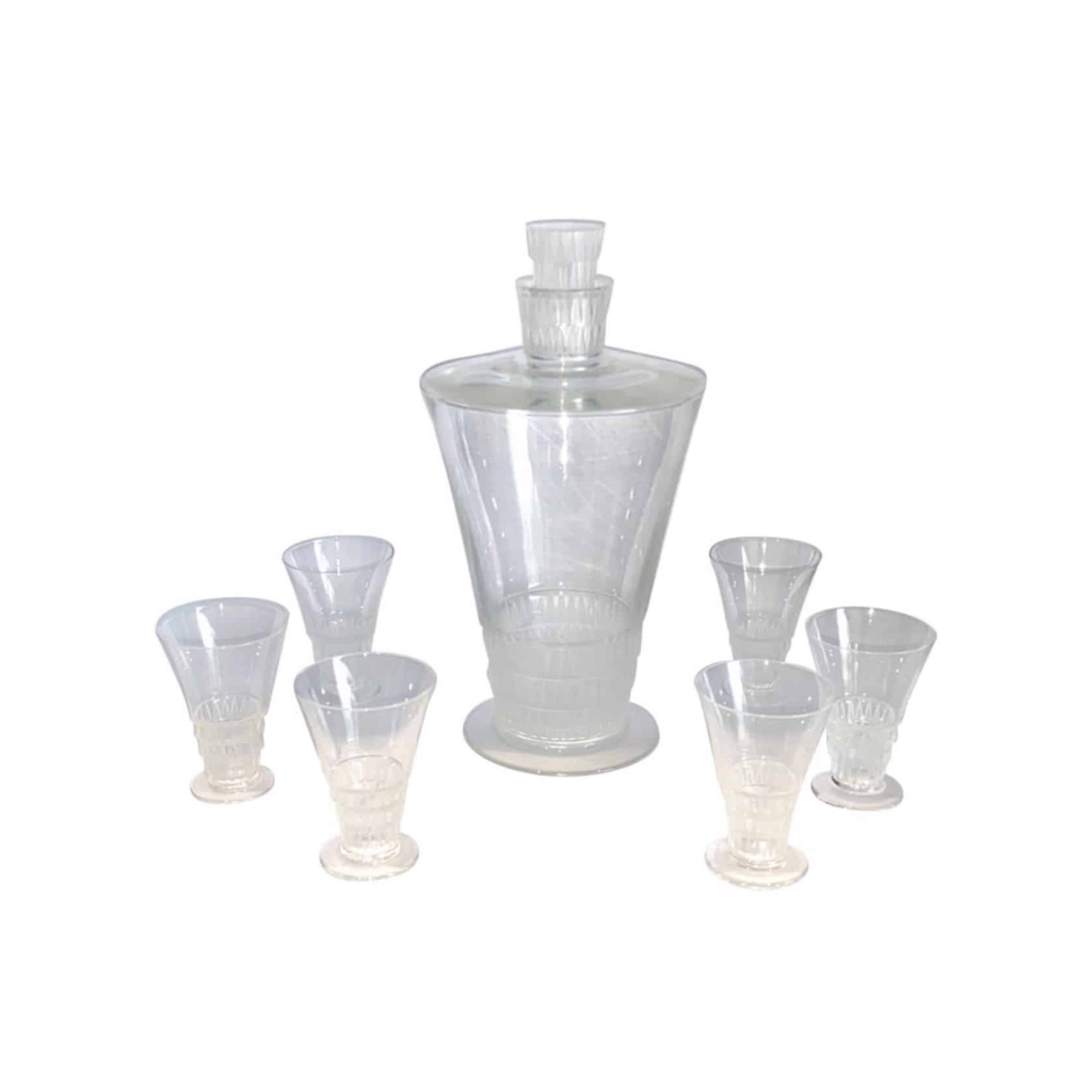 Service à Liqueur « Bourgueil » verre blanc de René Lalique – 6 verre, 1 carafe | Biron ||||