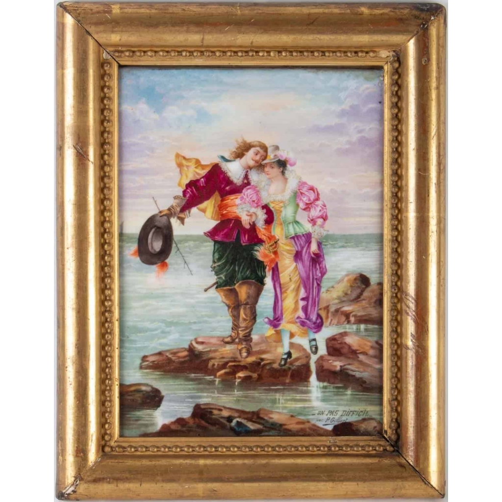 "Un pas difficile", paire de peintures sur porcelaine de P. Gilbert, 1896.