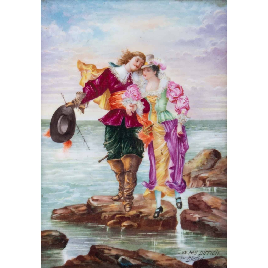"Un pas difficile", paire de peintures sur porcelaine de P. Gilbert, 1896.