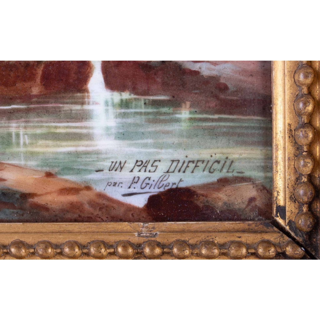 "Un pas difficile", paire de peintures sur porcelaine de P. Gilbert, 1896.