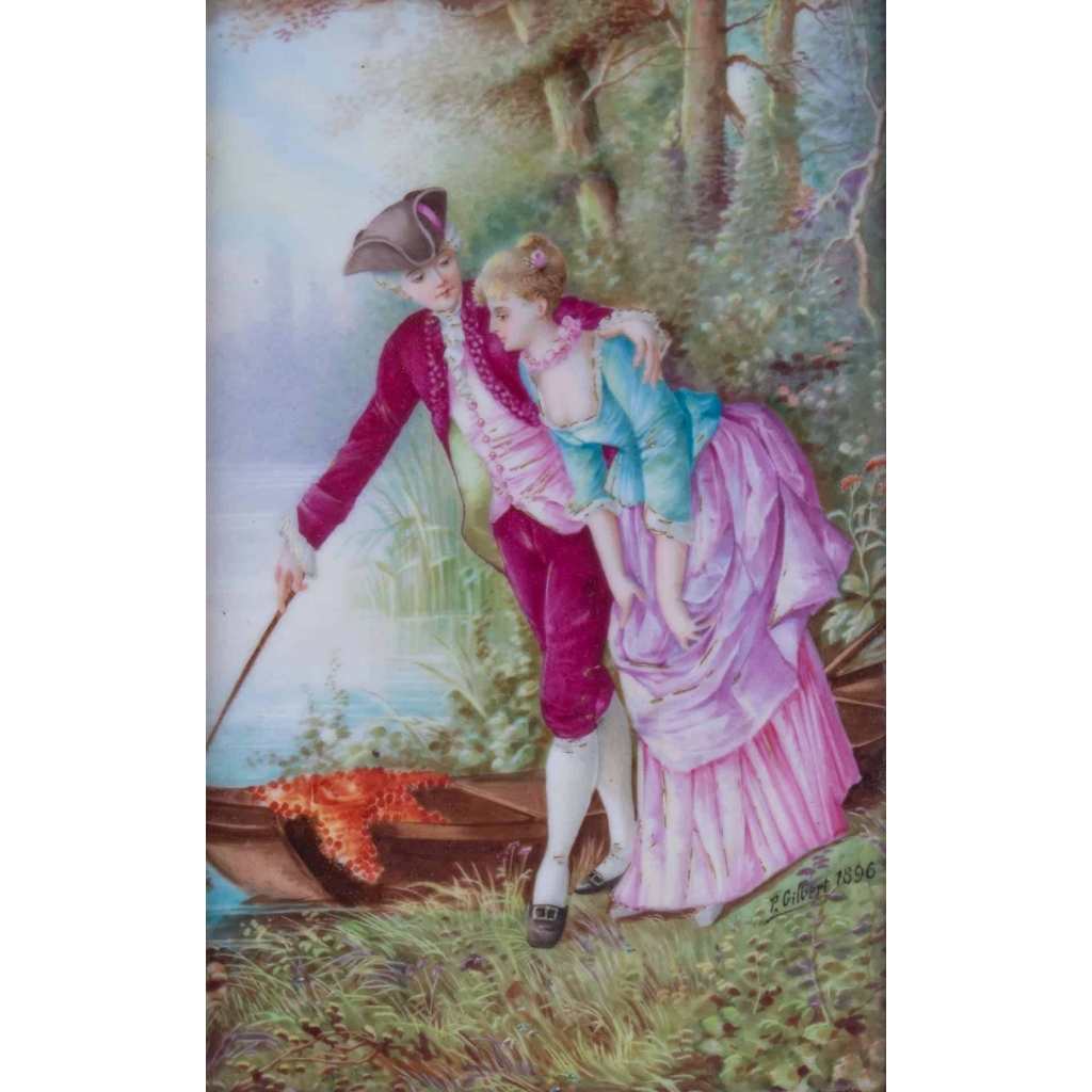 "Un pas difficile", paire de peintures sur porcelaine de P. Gilbert, 1896.