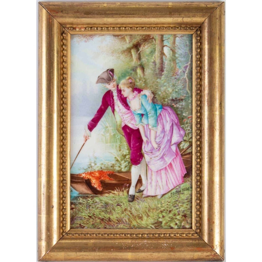 "Un pas difficile", paire de peintures sur porcelaine de P. Gilbert, 1896.