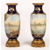 Paire de vases bleu de Sévres. Décors à la Wateau (signés). XIXème | Biron Paire de vases bleu de Sévres. Décors à la Wateau (signés). XIXème
