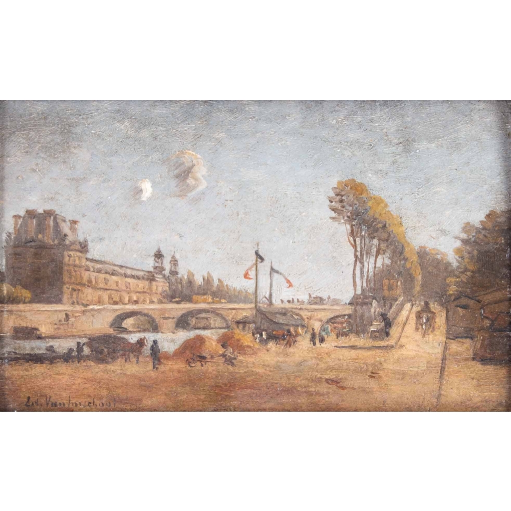 Vue du Louvre et du Pont Royal depuis la rive gauche, huile sur panneau de E. H. Vanhnschout, fin XIXème