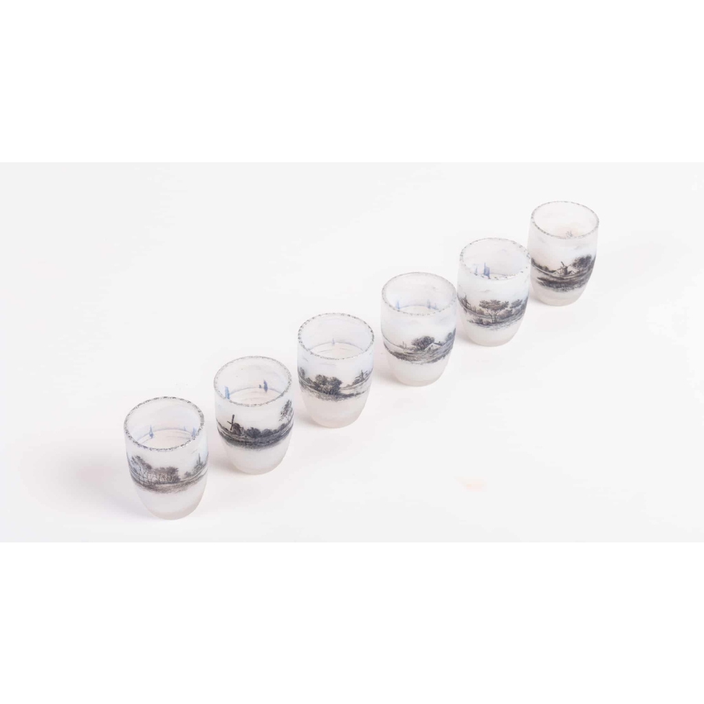 Daum Nancy : Set of Six acid etched Glass Goblet Vase, ‘Dutch Landscape’ | Biron |||||||