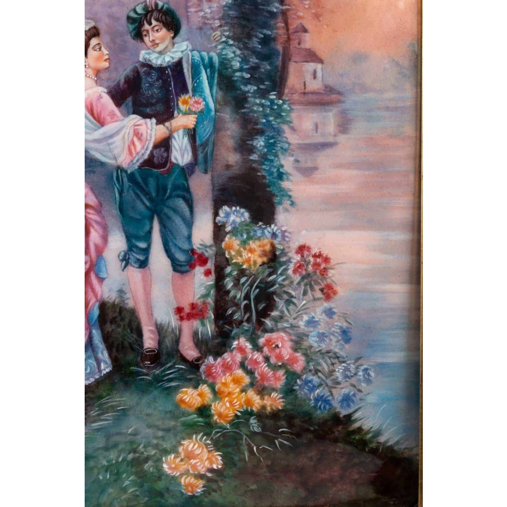 « Rendez-vous galant » Tableau en émail de Limoges